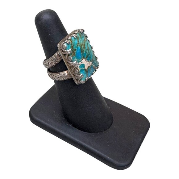 Vintage Artisan Statement Detailed Ring Sterling Silver Turquoise Stone Ornate 6 - Picture 7 of 9